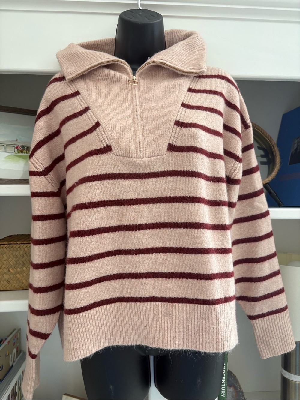 Lush Striped Half-Zip Sweater Pullover - Blush and Burgundy